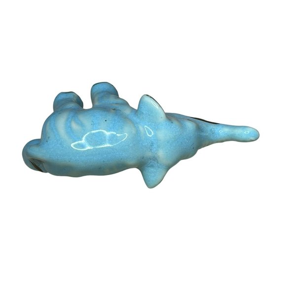 Vintage Ceramic Blue Glazed Elephant Figurine Trunk Up Gold Details - Picture 5 of 6